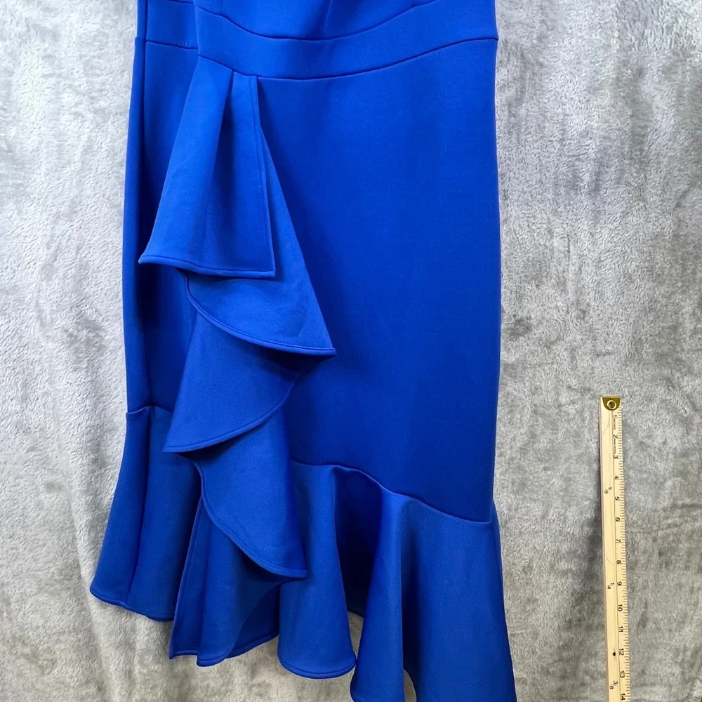 Royal Blue Ruffle Off Shoulder Asymmetrical Midi‎ Dress M Bodycon Mermaid Formal - Picture 2 of 9